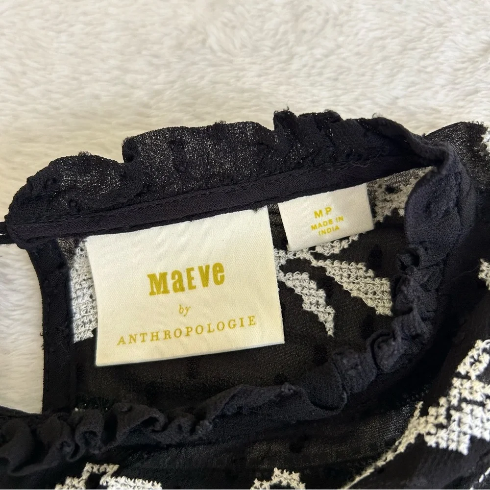 Maeve Anthropologie Women's Bouse Medium Petites Black Winona Lace Puff Sleeve
